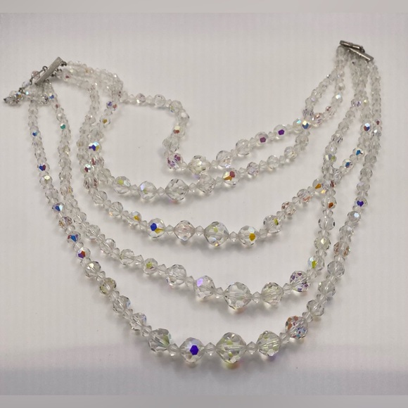 Aurora Borealis AB Five Strand Faceted Crystal Glass Choker Necklace Vintage - Picture 11 of 12